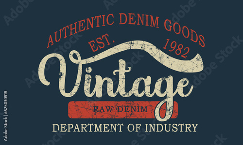 Vintage Authentic Denim T-shirt graphic. Typography vintage outfit brand logo print. Retro artwork. Graphic tee vector illustration.  Apparel fashion design	