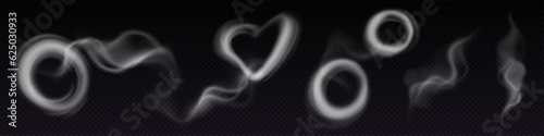 Smoke steam circle ring vector cloud effect. 3d realistic vape or hookah fog line swirl art. Magic transparent smoky puff heart shape for love template. isolated abstract creative vapour overlay trail