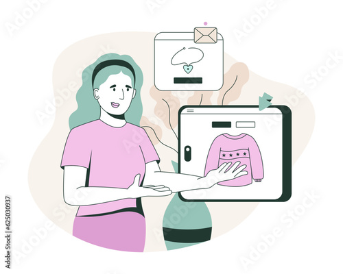 Lady ordering jewelry and clothes in online store. Young people doing online shopping concept. Modern shopping via gadgets. Flat vector illustration in blue and pink colors