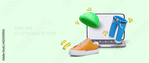 Online clothing store. Open laptop, cap, jeans, sneakers. Modern color web advertising of store, showroom, exhibition. Modern technologies, remote purchase