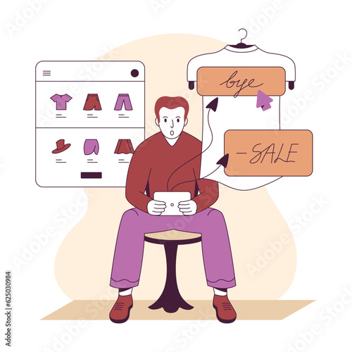 Guy ordering items of clothing through tablet and mobile app. Internet shopping concept. Selection, order and online delivery. Flat vector illustration in purple colors