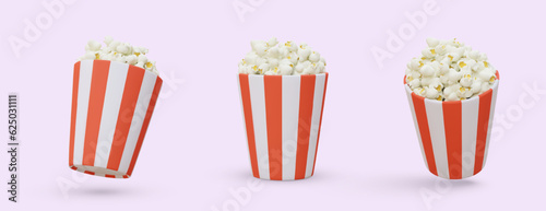 Round paper cups filled with popcorn. Traditional snack for companies, watching movie. 3D cinema icon set in cartoon style. Isolated image in different positions