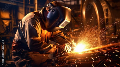 Welder worker arc welding in factory