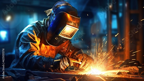 Welder worker arc welding in factory