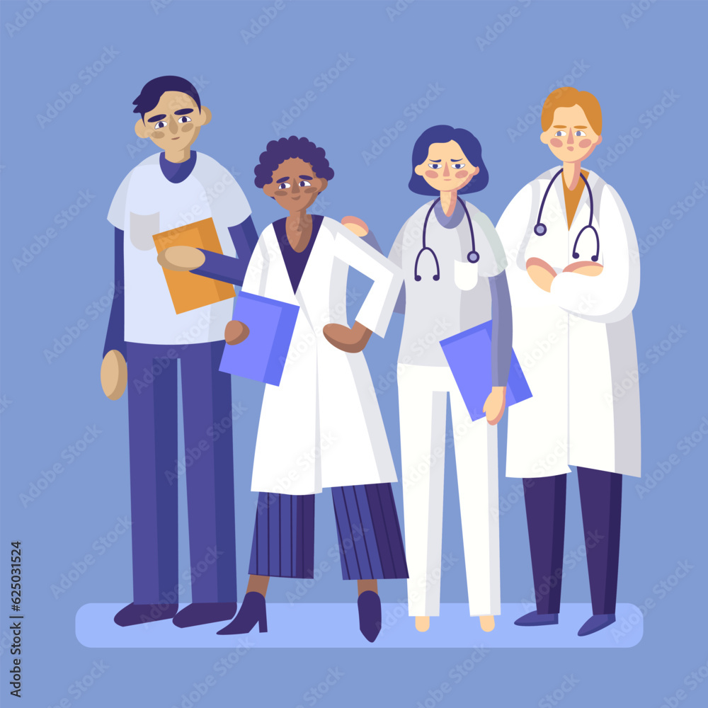 Group of qualified healthcare professionals in uniforms and with clipboards in hands. Multicultural doctors ready to help patient. Remote meeting with therapist. Vector flat illustration Group of qualified healthcare professionals in uniforms and with clipboards in hands. Multicultural doctors ready to help patient. Remote meeting with therapist. Vector flat illustration