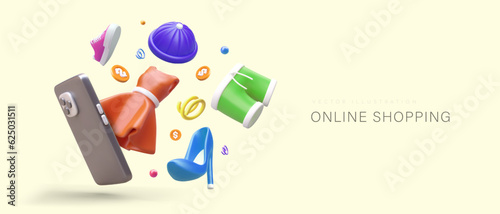 Online shopping with mobile application. Choosing and buying clothes via Internet. Concept for store, boutique, showroom. Poster with realistic illustration. Contactless payment, electronic commerce