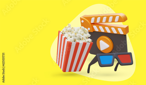 Movie time. Cinema theme. Advertising concept with realistic illustration. Banner in cartoon style. Modern web design, yellow background, place for text