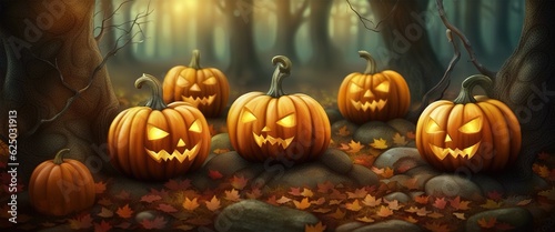 Halloween pumpkin in dark autumn forest halloween celebration background © Екатерина Переславце