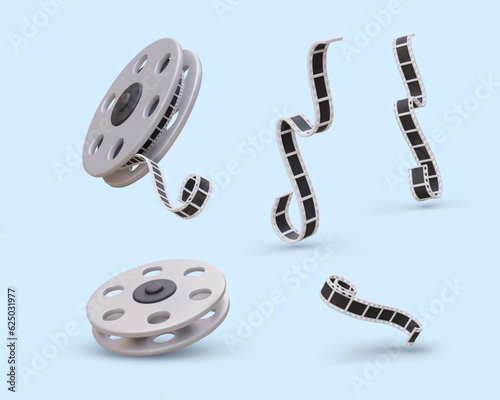 Realistic film, reel. Set of vector images on movie theme, industry. Consumables, operator equipment. 3D elements with shadows. Illustrations for movie theater websites, online viewing apps