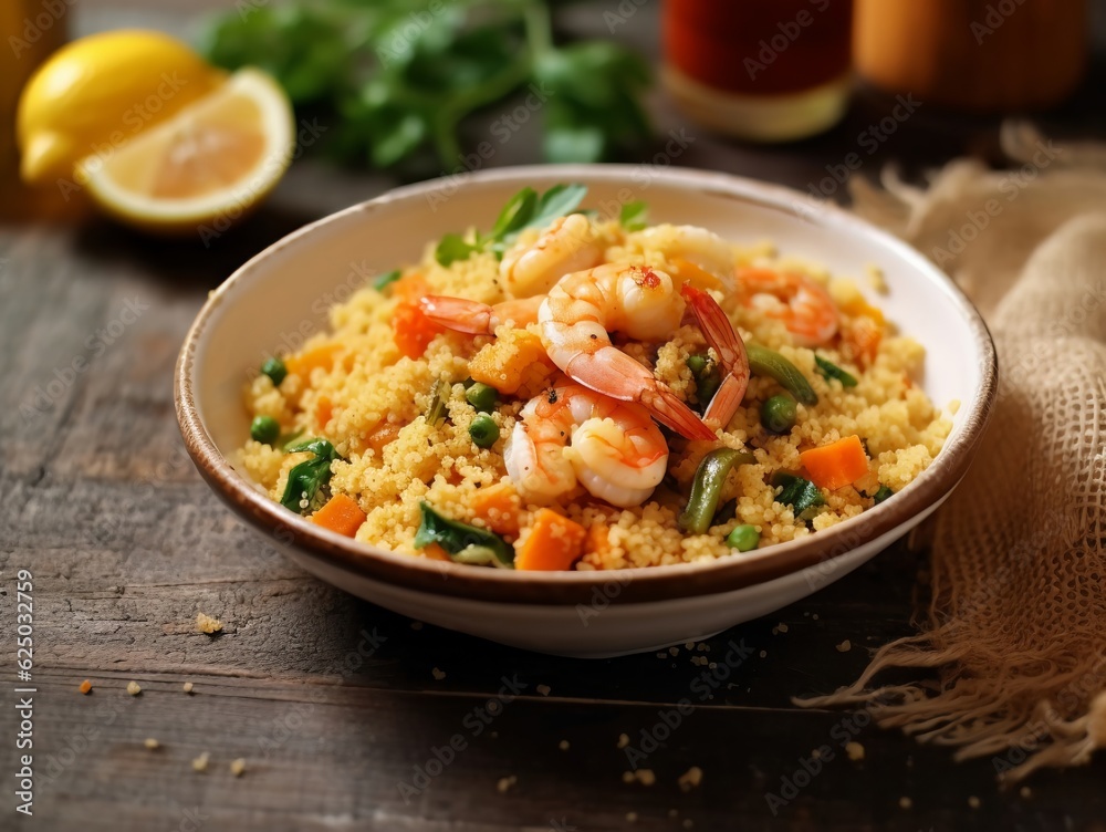 Couscous with shrimps and vegetables, close up Couscous with shrimps and vegetables, close up