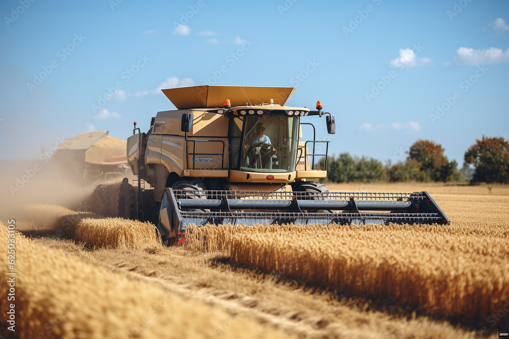 Fototapeta premium A combine harvests from a wheat field. generative AI tools