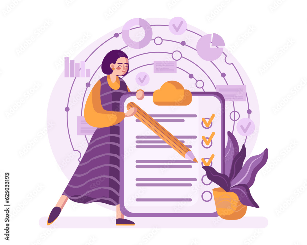 Young female standing near clipboard and mark finished tasks. Effective work scheduling, multitasking concept. Office productivity, workflow. Flat vector illustration in purple colors