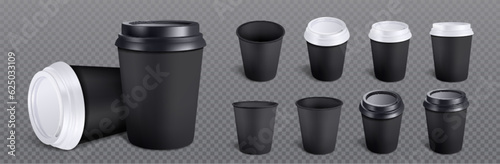 3d black coffee cup isolated vector mockup set. Eco tea mug with plastic lid cover and empty branding design. Dark disposable packaging for takeaway and go cold latte drink professional template.