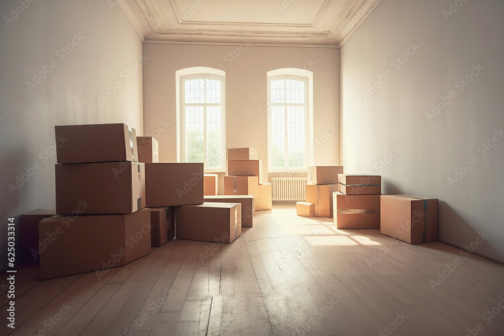 Cardboard boxes in empty room, moving concept, created with Generative AI technology. Cardboard boxes in empty room, moving concept, created with Generative AI technology.
