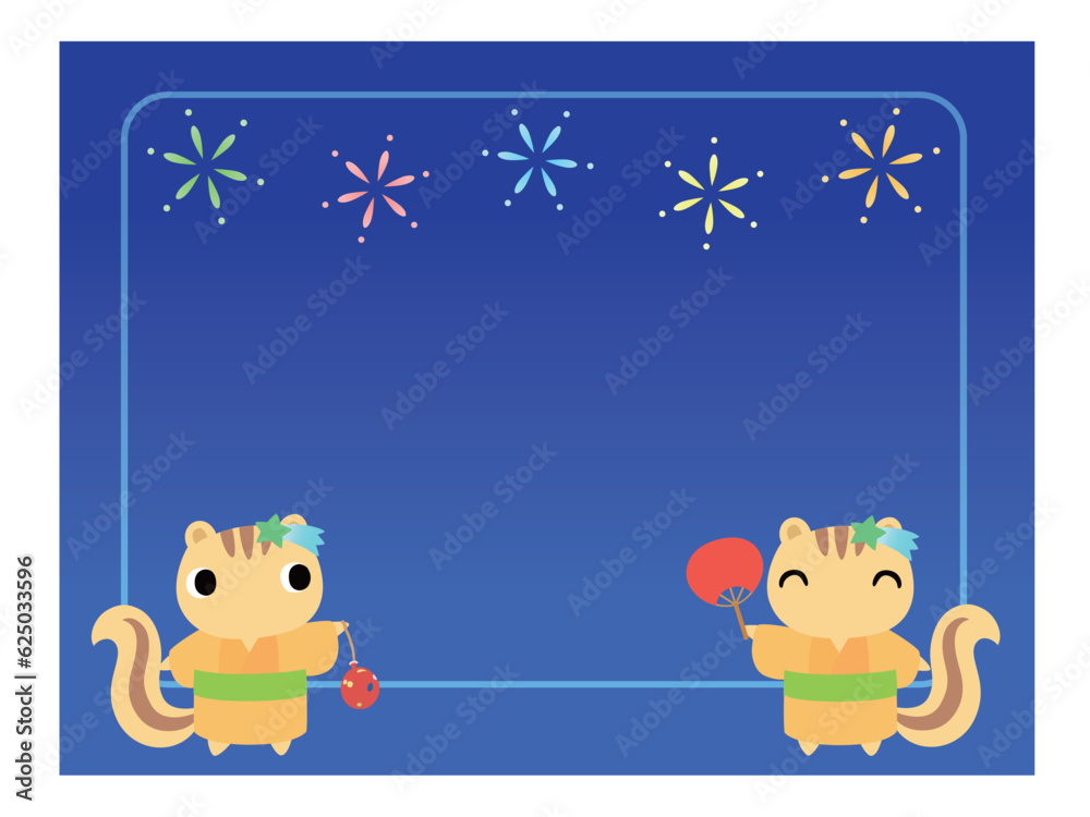 Naklejka premium 浴衣姿のリス 四角フレーム 花火の背景付