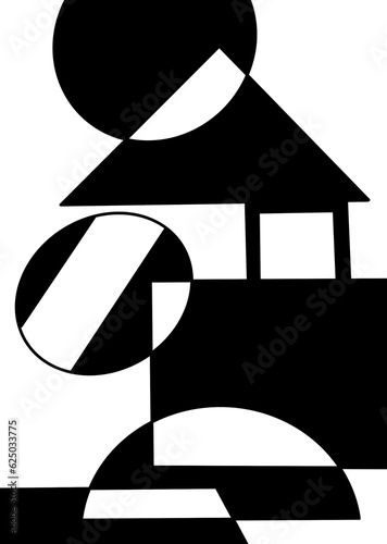 geometric shapes in black and white pattern, vertical illustration, copy space. graphics for background, triangles and rounds.
