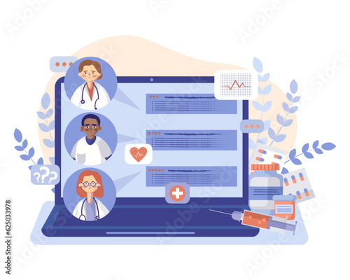 Team of physicians consulting remotely. Physician consulting remotely. Online doctor providing medical advice to patient. Flat vector illustration in blue colors in cartoon style