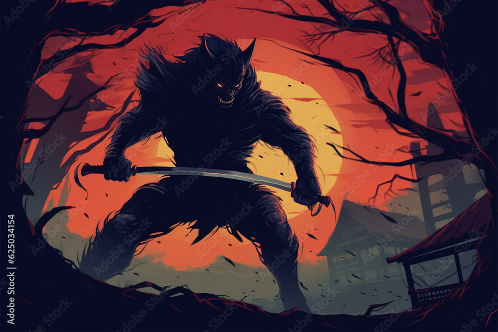 Generative AI.
illustration background, a werewolf carrying a sword