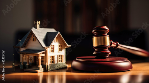 Close up on a wooden table with a model house and an auction gavel. A concept motif on the subject of house buying and auctioning