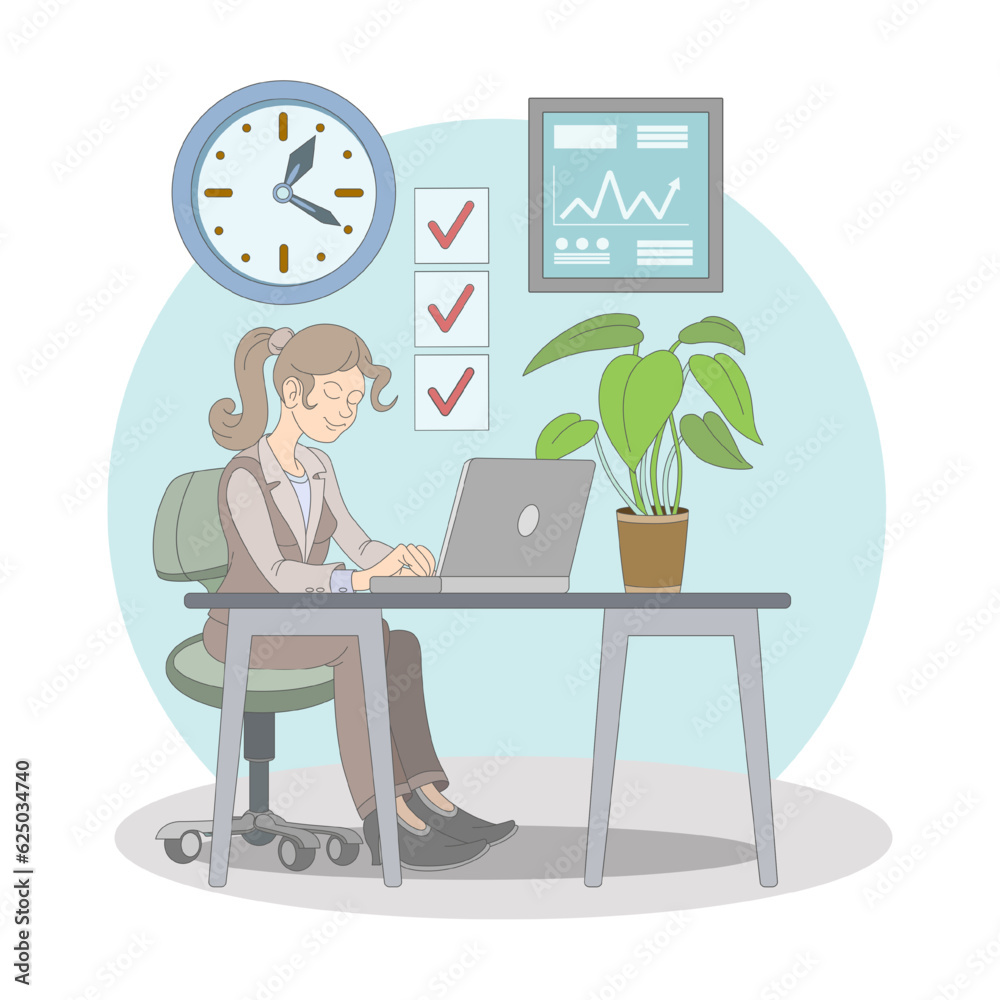Adult female typing on laptop, finishing work tasks. Business time organization and management concept. Cartoon character complete work on time. Flat vector illustration in blue colors Adult female typing on laptop, finishing work tasks. Business time organization and management concept. Cartoon character complete work on time. Flat vector illustration in blue colors