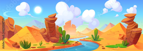 Cartoon desert nile river valley vector background. Dry africa sand wilderness hills nature scene with water landscape. Amazing idyllic arabic game environment with nobody neat cactus and stream