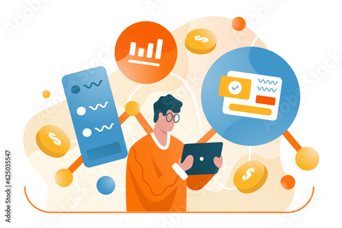 Cartoon character holding tablet and checking money in bank account. Bank investments and savings. Concept of secure mobile banking services, money investment. Flat vector illustration