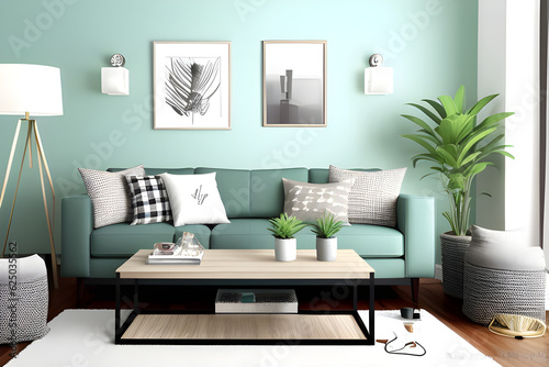 Stylish living room interior design with modern mint sofa, wooden console, cubes, coffee table, lamps, plants, mock up poster frames, pillows, plaid, elegant decorations and accessories in home decor.