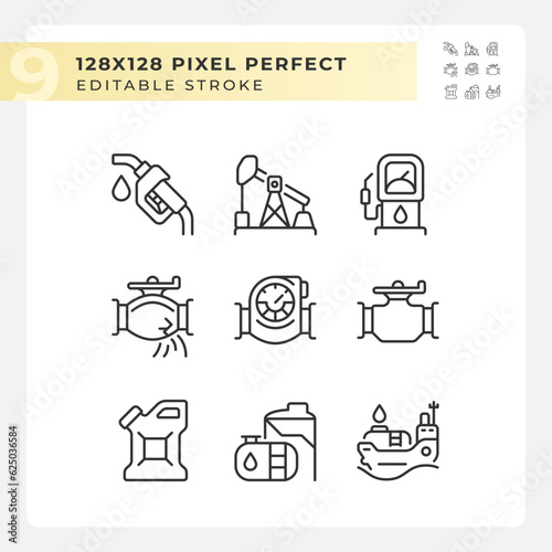 Petroleum industry linear icons set. Oil and gas production. Pipeline transport. Fossil fuel. Customizable thin line symbols. Isolated vector outline illustrations. Editable stroke
