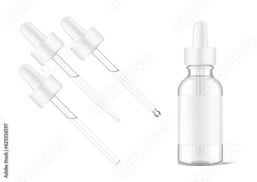 Pipette mockups for dropper bottle. Vector illustration isolated on white background. Front view. Сan be used for cosmetic, medical and other needs. EPS10.