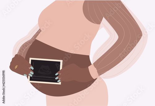A pregnant African American woman holds a bridle near her pregnant belly. Flat vector illustration