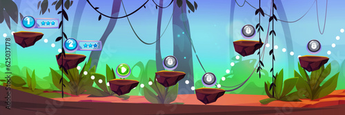 Magic jungle forest level map game landscape background. Bush, tree and floating platform outdoor scenery tropical illustration layout. Amazon exotic adventure environment design for mobile app