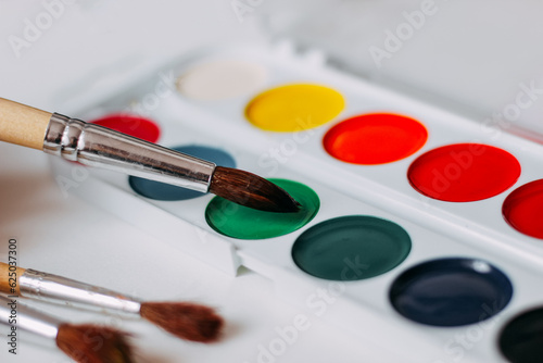Watercolor multi-colored paints close-up with brushes for drawing