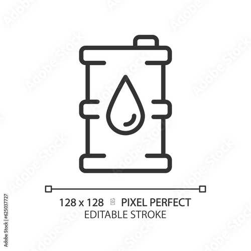 Oil barrel linear icon. Drum container. Energy resource. Bulk cargo. Fuel consumption. Petrochemical industry. Thin line illustration. Contour symbol. Vector outline drawing. Editable stroke