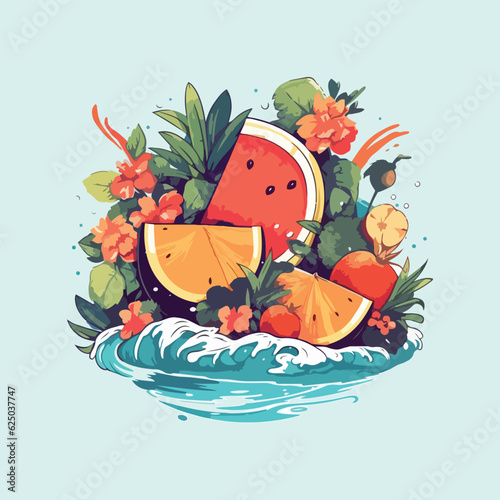 watermelon vector illustration design fruits, leaves and flowers, summer and exotic concept