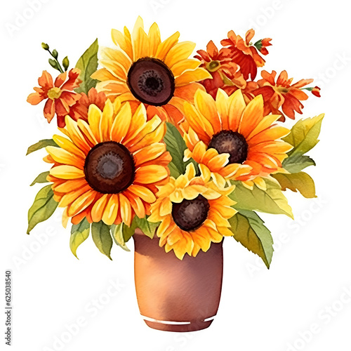 Watercolor Sunflowers glass jar Clipart -Watercolor bouquet of sunflowers- fall sunflower floral bouquets in PNG format instant download for commercial use(Ai Generatives)	 photo