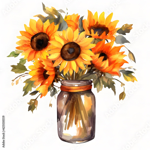 Watercolor Sunflowers glass jar Clipart -Watercolor bouquet of sunflowers- fall sunflower floral bouquets in PNG format instant download for commercial use(Ai Generatives)	 photo