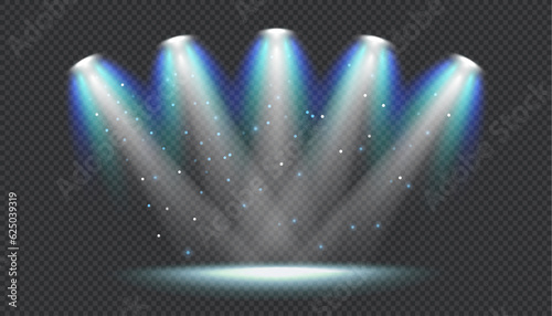 A vector spotlight shining on a scene with beams of light. The spotlight shines on the stage. Light from a lamp or spotlight. lighted scene. Design for presentation your product. Vector illustration.