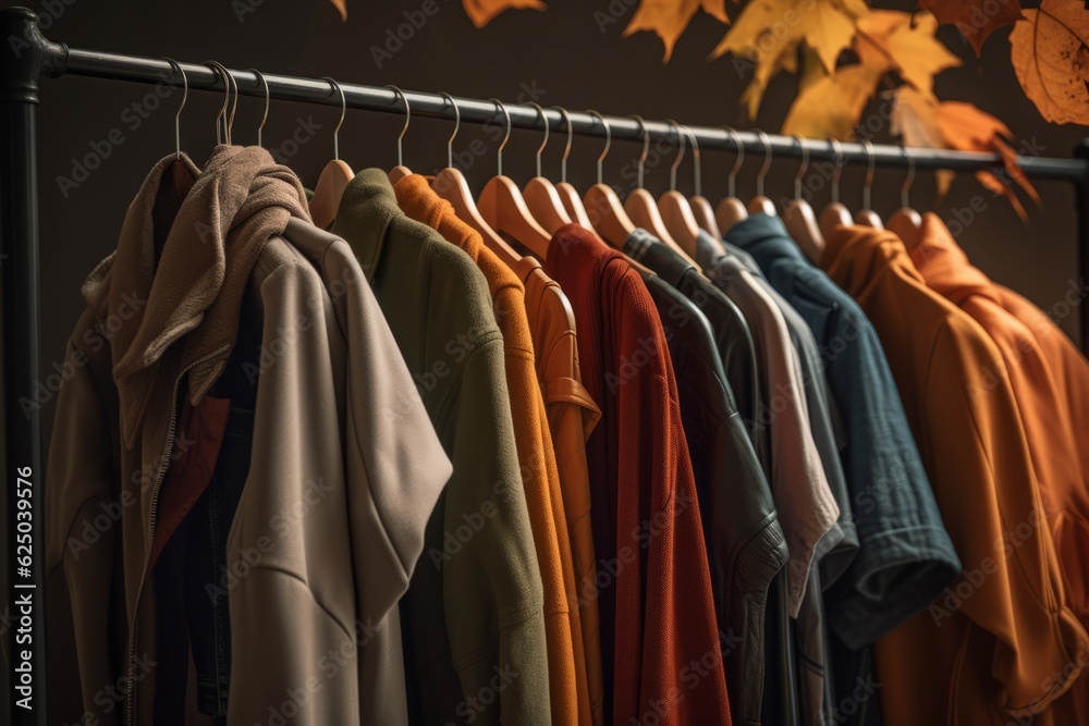 Clothes hanging in row. Many clothes for autumn or fall season. 