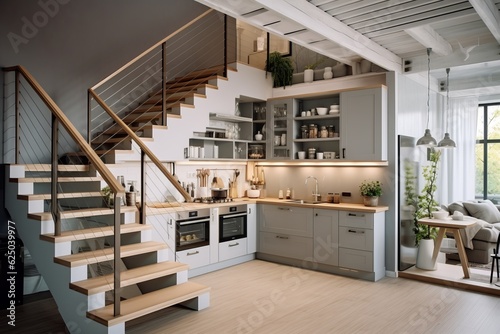 Small kitchen with modern Scandinavian or Scandi style with staircase.
