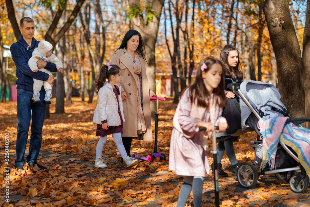 a big family walking together in an autumn city park, children and parents, happy people enjoying beautiful nature, a bright sunny day and yellow leaves a big family walking together in an autumn city park, children and parents, happy people enjoying beautiful nature, a bright sunny day and yellow leaves