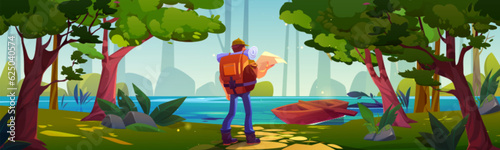 Forest trekking, hike concept. Nature landscape with tourist with backpack and map on river shore in summer woods. Man hiker travel through forest, vector cartoon illustration
