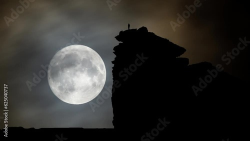 Saudi Arabia Natural landmark and popular tourist destination near Riyadh: Edge of the World, Time Lapse by Night with Full Moon photo