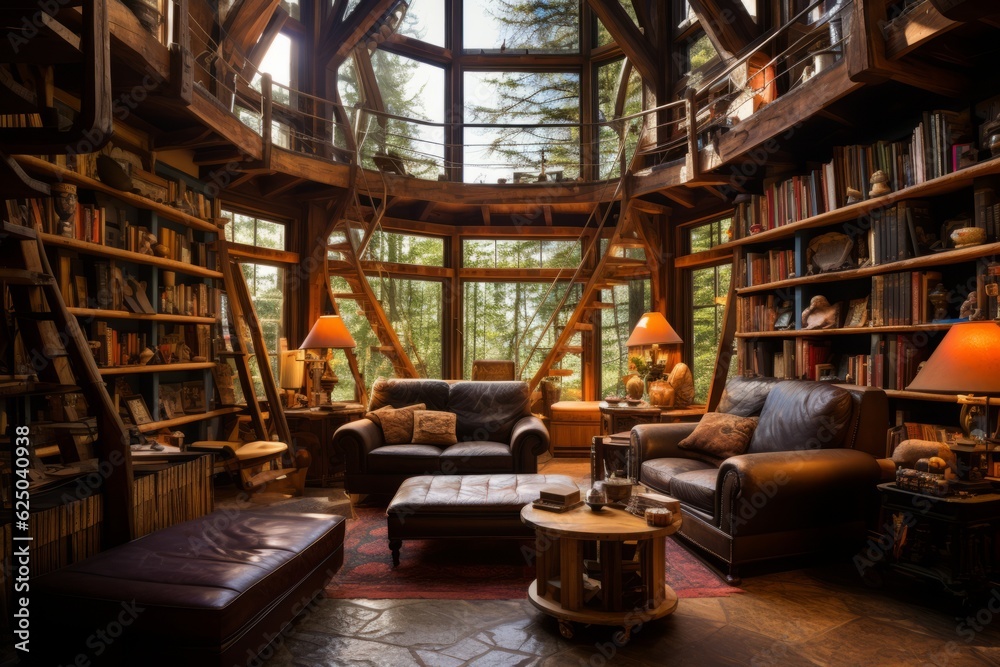 Vintage wooden library surrounded by towering book shelves.