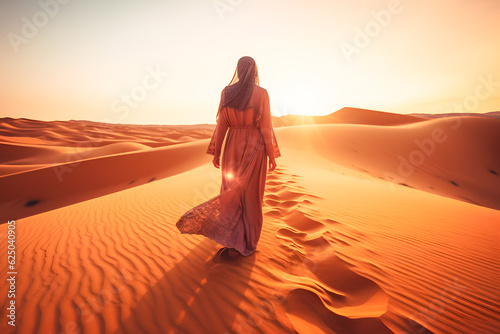 Leinwand Poster Arabian woman in the desert at sunset travel conception ai generated art