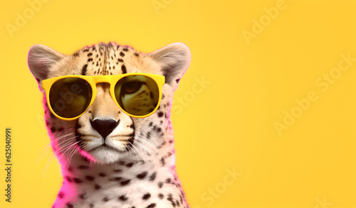 Creative animal concept. Cheetah in sunglass shade glasses isolated on solid pastel background, commercial, editorial advertisement, surreal surrealism