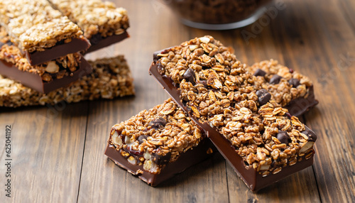 Tasty chocolate granola bars on wooden table