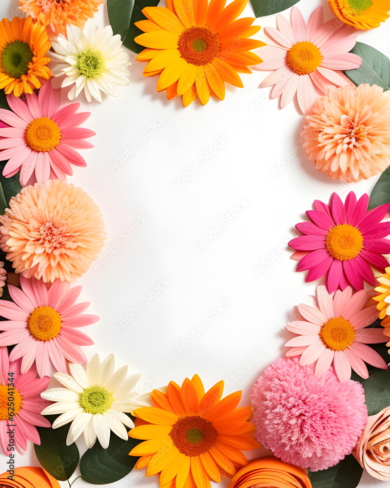 Flowers composition. Frame made of flowers on white background. Flat lay, top view, copy space Generative AI Flowers composition. Frame made of flowers on white background. Flat lay, top view, copy space Generative AI