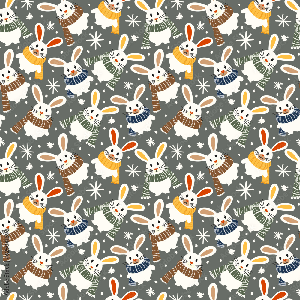 Christmas seamless pattern with bunnies with warm scarves. Vector pattern with cute animals drawn with simple shapes for holiday print for textile or object