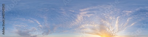 Fototapeta Naklejka Na Ścianę i Meble -  Sunset sky panorama with dramatic bright glowing pink Cirrus clouds. HDR 360 seamless spherical panorama. Full zenith or sky dome for 3D visualization, sky replacement for aerial drone panoramas.