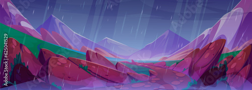 Rainy weather in mountains with valley river. Vector cartoon illustration of rainfall pouring from gloomy cloudy sky, puddles and water streams on stone footpath, wet green grass. Natural landscape